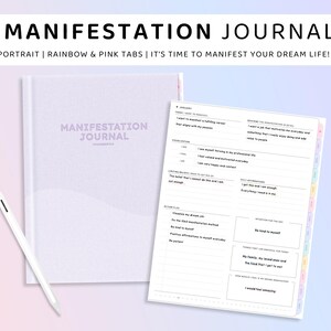 Peut inclure: Un journal violet avec le texte "MANIFESTATION JOURNAL" sur la couverture. Le journal a des onglets arc-en-ciel et roses sur le côté. Le texte "PORTRAIT | RAINBOW & PINK TABS | IT'S TIME TO MANIFEST YOUR DREAM LIFE! :)" est en haut de l'image.