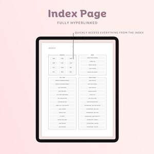 May include: A digital planner page with the word "Index" at the top. The page is divided into sections for "Monthly", "Daily", "Bills & Tasks", and "Work & Life". Each section has a list of items with checkboxes next to them.