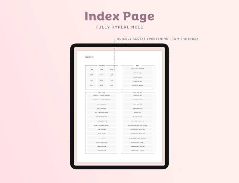 May include: A digital planner page with the word "Index" at the top. The page is divided into sections for "Monthly", "Daily", "Bills & Tasks", and "Work & Life". Each section has a list of items with checkboxes next to them.