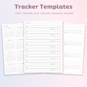 May include: Printable planner templates for habit, goal, and progress tracking. The templates include a calendar for each month of the year and a section for daily tracking with circles for marking progress.