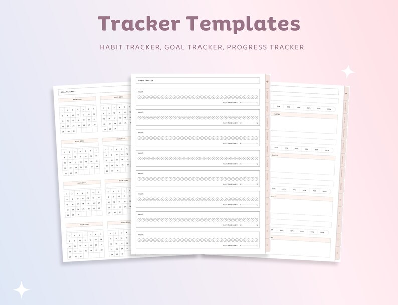 May include: Printable planner templates for habit, goal, and progress tracking. The templates include a calendar for each month of the year and a section for daily tracking with circles for marking progress.