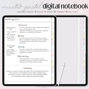 Op de afbeelding: Een digitaal notitieboek met een gedempt pastelkleurenschema. Het notitieboek is open op een pagina met de titel "My Biology Note" en bevat secties over taxonomie, botanica, zoölogie, microbiologie en een samenvatting van biologie. Het notitieboek heeft een digitale pen en een zijbalk met tabbladen.