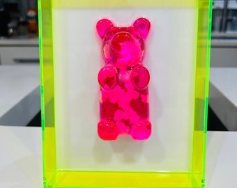 Riesen Gummibärchen Wandkunst, Neon Pink, 3D Pop Art, Neon Resin Kunst, Candy Art, Pop Art Dekor, Kinder Dekor, Neongrüner Rahmen