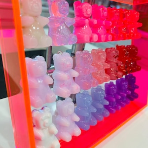 Neon Pink Large Rainbow Resin Gummy Bears, 3D Pop Art wall art, Framed Pop Art Decor, Nursery Room Decor, Candy Art, Neon Pop Art