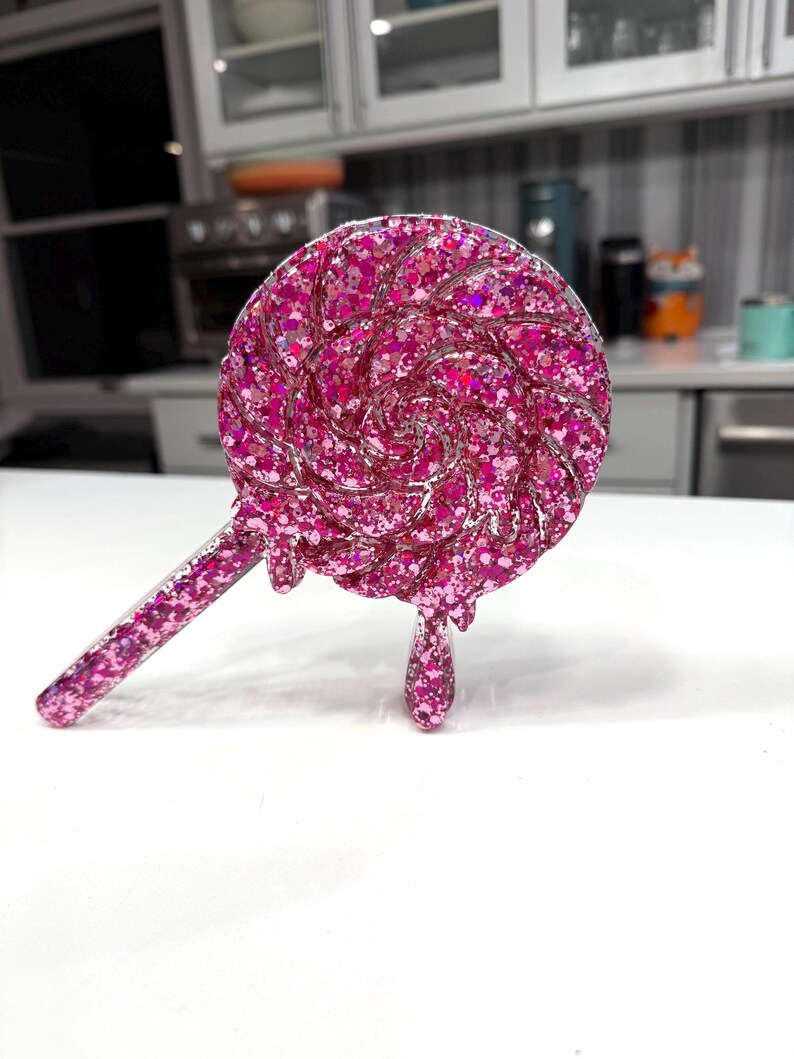 Melting Lollipop Resin Wall Art 8x6 – Sparkly Pink Candy Pop Art – Dripping Resin Lollipop Sculpture image 3