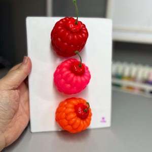 May include: Three colorful, artificial cherries in red, pink, and orange are displayed on a white rectangular surface. Each cherry has a green stem and a textured surface, creating a vibrant and playful arrangement.