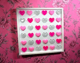 Extra Large Gummy Heart Wall Art 28x28 – Pink Resin Pop Art Grid, Candy Art Sculpture, Statement Wall Decor for Living Room, Candy Cabinet
