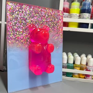 Giant Neon Pink Resin Gummy Bear Pink Confetti Glitter, 3D Pop Art wall art, Nursery Room Decor, Candy Art, Wall Hanging