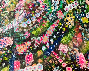 Expressionist Abstract Flower Garden Painting: Mixed Media Original Art