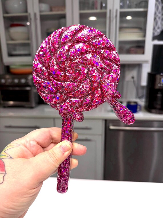 Melting Lollipop Resin Wall Art 8x6 – Sparkly Pink Candy Pop Art – Dripping Resin Lollipop Sculpture