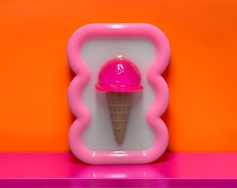 Hot Pink Ice Cream Wall Art | Handmade Resin Dessert Pop Art | Kawaii Candycore Decor | Neon Pink Dopamine Decor