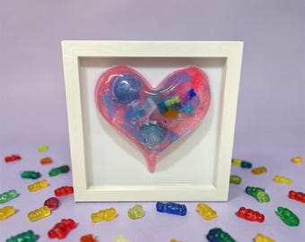 Pink Candy Heart Wall Art, Resin Heart Sculpture, Kawaii Pop Art Decor, 3D Candy Art, Cute Maximalist Wall Decor, Gift for Her, 8x8 Frame