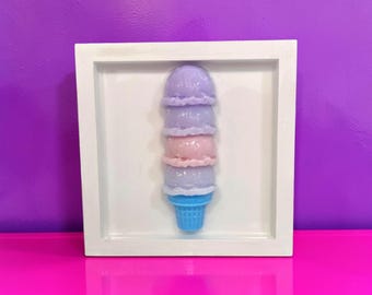 Pastel Ice Cream Wall Art – Handmade Resin Dessert Sculpture on Wood Panel | Kawaii Candy Decor | Dopamine Decor | Cute Pop Art