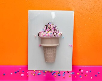 Pink Ice Cream Wall Art, Resin Pop Art Sculpture, Candy Decor, Sprinkle Sundae Wall Hanging, Dopamine Decor, Kawaii Dessert Art