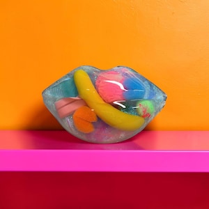 Candy Cabinet™ Banana Split Kisses No. 001 | Resin Pop Art Lips Filled with Candy Colors, Whimsical Wall Decor, Statement Art Piece