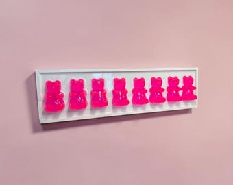 Arte mural de resina con ositos de goma rosas: decoración de arte pop 3D, decoración para habitaciones infantiles, decoración divertida de neón para apartamentos, caramelos falsos