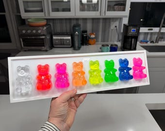 Neon Rainbow Gummy Bears Wall Art – 18 x 5 Resin Pop Art on Wood Frame