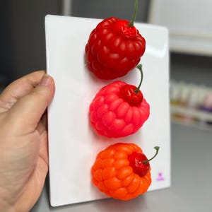 May include: Three colorful raspberry-shaped objects in red, pink, and orange are displayed on a white rectangular surface. Each raspberry has a small red cherry on top with a green stem. The objects are held by a hand.