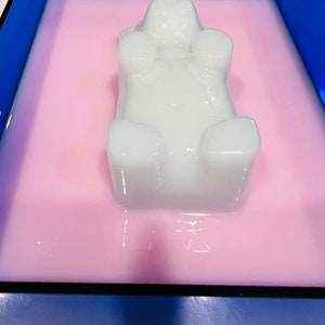 Puede incluir: Un objeto blanco, semitransl&uacute;cido, con forma de oso, que descansa en un l&iacute;quido rosa claro. El oso est&aacute; colocado dentro de un recipiente rectangular con un borde azul oscuro. La superficie del oso es lisa, redondeada y refleja la luz.