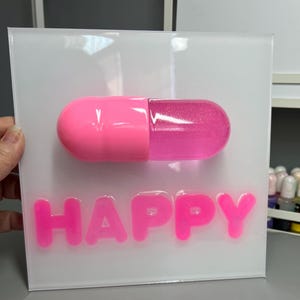 Pill Pop ART Happy, 3D Pop Art wall art, Candy Art, Wall Hanging, Dopamine Decor, Pink Room Decor