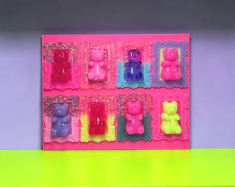 グミベアのウォールアート – 3D樹脂製キャンディグリッド – ネオンポップアート装飾 – カラフルなキッチュな壁掛け – ドーパミン装飾 – キャンディキャビネット