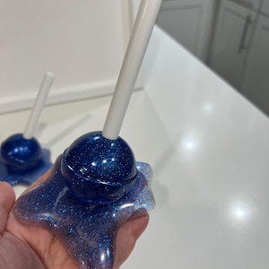 Large Melting Lollipop Pop Art Decor Sapphire Blue Sparkle, Resin Sculpture, Candy Art
