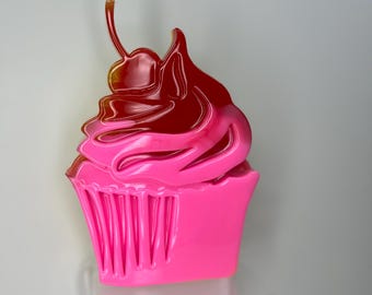 Giant Pink Cupcake Red Cherry on Top Resin: 3D Pop Art Wall Hanging, Handmade Fake Food Art, Melting Dripping