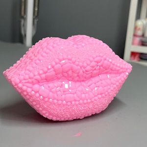 Puede incluir: Un objeto decorativo en forma de labios, de color rosa brillante. Los labios tienen una superficie texturizada con un patrón de burbujas. El objeto es de un tono rosa vibrante y parece estar hecho de un material sólido.