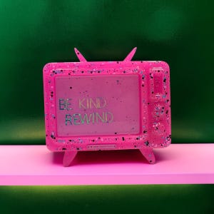 Candy Cabinet™ “BE KIND. Rewind.” Retro TV Sculpture | Handmade Pink Resin Pop Art | Gen X Collectible | Freestanding Art