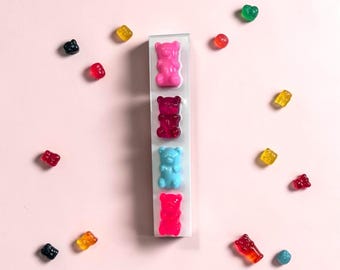 Rainbow Gummy Bear kunst aan de muur, 3D-hars snoep sculptuur, dopamine decor, kawaii popart, kleurrijke verticale snoepkast hangend