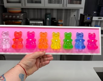 Muurkunst neon regenbooghars gummybeer: 3D-pop snoepdecor