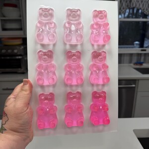 Pu&ograve; includere: Uno stampo di plastica trasparente riempito con nove caramelle gommose a forma di orsetto, in varie tonalit&agrave; di rosa. Gli orsetti gommosi sono disposti in tre file da tre. Lo stampo &egrave; tenuto da una persona.