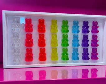 Rainbow Gummy Bear Grid Wall Art 24x12 Framed Resin Sculpture Large Colorful Pop Art Candy Cabinet Collection