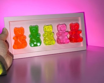 Candy Cabinet™ Rainbow Gummy Bear Wall Sculpture | Handmade Resin Pop Art | Colorful Collectible Art in Wood Frame | 12x6