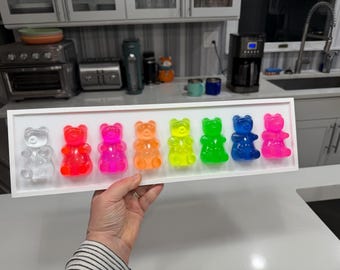 Neon Rainbow Gummy Bears Wall Art – 18 x 5 Resin Pop Art on Wood Frame