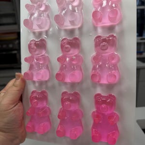 Pu&ograve; includere: Uno stampo di plastica trasparente riempito con nove caramelle gommose a forma di orsetto in varie tonalit&agrave; di rosa. Gli orsetti gommosi sono disposti in tre file da tre, con ogni orsetto che mostra dettagli come le zampe e una faccia sorridente. Lo stampo &egrave; tenuto da una mano.