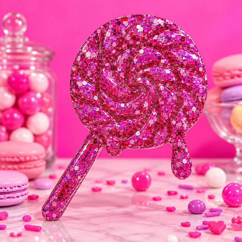 May include: A circular lollipop-shaped hairbrush featuring a vibrant pink glitter finish with a swirling pattern and a dripping effect on the side. The handle is straight and matches the glittery pink design of the brush head.