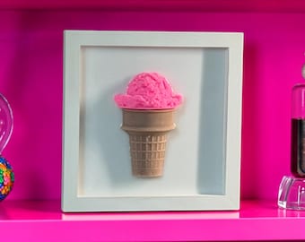Pink Ice Cream Cone Wall Art | 3D Resin Dessert Sculpture | Kawaii Pop Art Decor | Dopamine Decor | Candy Cabinet Collection