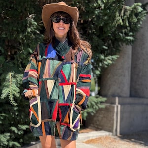 Vintage Suede patchwork coat jacket colorful woman oversize large boho Real leather M L XL  patched bat fit dropped arms colors bomber