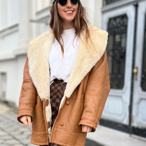 Natural shearling coat sheepskin classic brown jacket vintage super soft wool long real thick oversized rancher brown large woman sherpa image 1