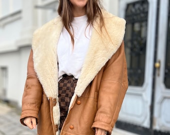 Natural shearling coat sheepskin classic brown jacket vintage super soft wool long real thick oversized rancher brown large woman sherpa