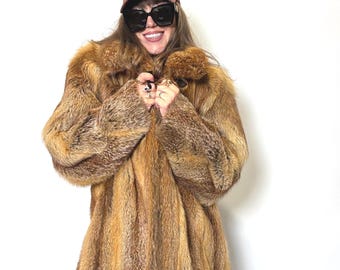 cappotto vintage in vera pelliccia naturale rosso dorato volpe beige righe lusso mafia moglie vecchio denaro caldo anni '90 vera pelle soffice taglia M / L classico invernale