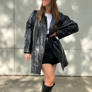 Giacca vintage in pelle nera, doppiopetto, patchwork, abbottonatura, vera pelle, retrò anni 80, nuova scorta morta, classica unisex