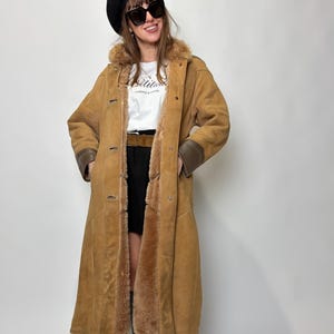 Vintage sheepskin shearling coat long M/L 100% real natural leather brown beige warm maxi sheep wool rancher western Sherpa overcoat