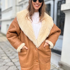 Natural shearling coat sheepskin classic brown jacket vintage super soft wool long real thick oversized rancher brown large woman sherpa image 3