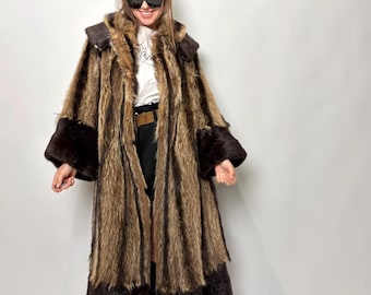vintage natural fur coat long golden fox raccoon coyote M - L38, long real full length penny lane 80s soft Fluffy rows beige trimmed