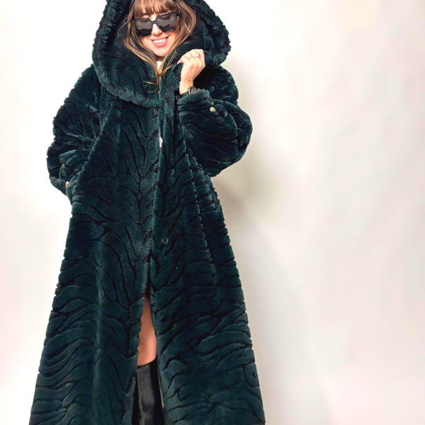 vintage faux fur long green emerald coat full length woman oversized hooded mob wife old money warm 80s color mink imitation warm xl