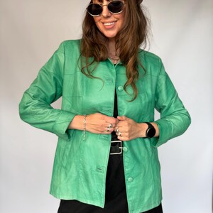 Vintage real leather coat jacket green mint patchwork blazer woman 80s perfect condition soft M / L colorful boho festival outfit