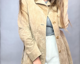 Leather suede beige trench coat belted medium classic casual long m s great condition autumn boho