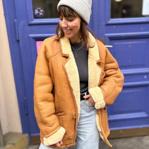 Vintage shearling jacket coat real sheepskin brown white fur leather size L/XL wool bomber rancher classic sherpa western unisex man woman image 2